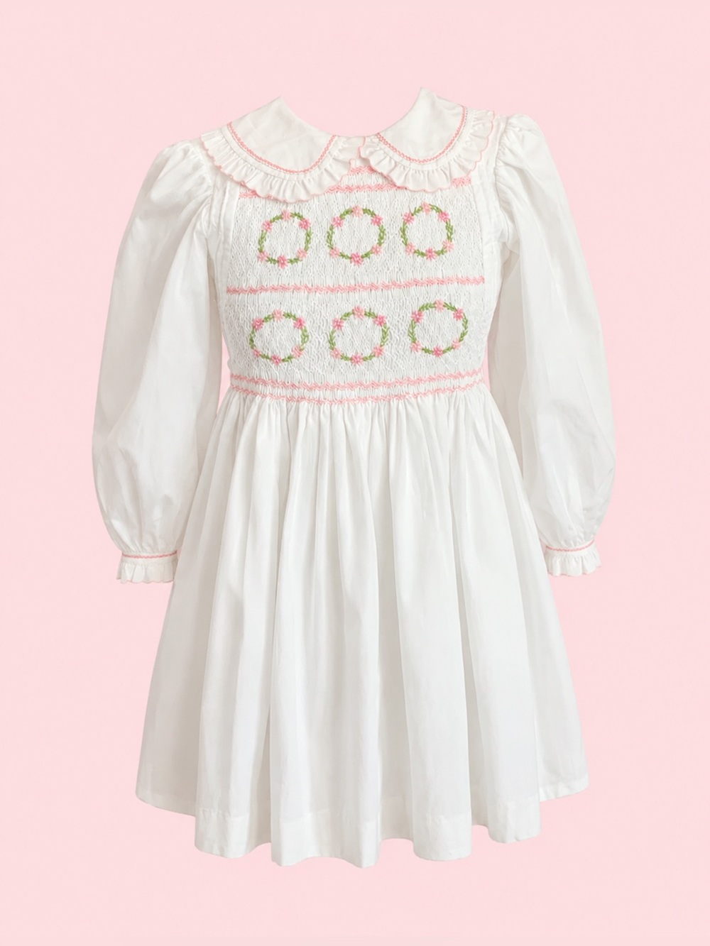 White Vintage 80s Smocked Floral Wreath Kids Dress